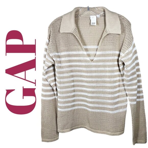 NWT GAP 100% Cotton Coastal Fisherman Tan White Striped V-Neck Sweater, Medium - Picture 1 of 7